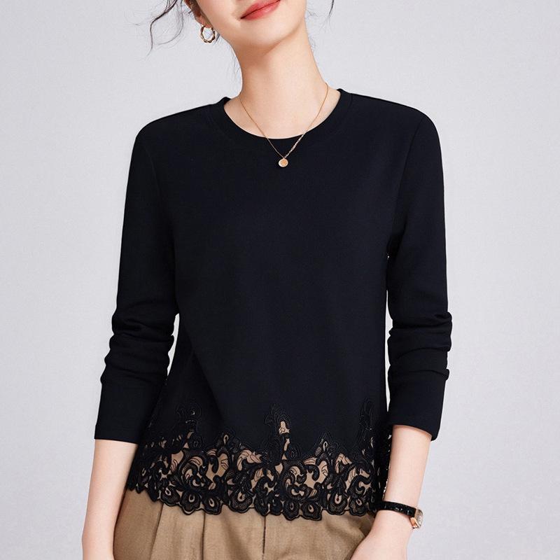

Синьцзянский хлопок, кружевная отделка, белая женская кофта с длинным рукавом, осенняя новинка, универсальная, с круглым вырезом, приталенная XXXL чёрный