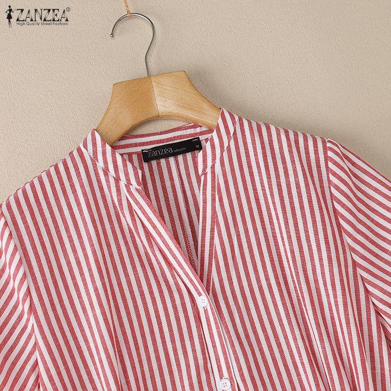 ZANZEA S-5XL Women V-Neck Short Sleeve Loose Casual Striped Shirts Dress