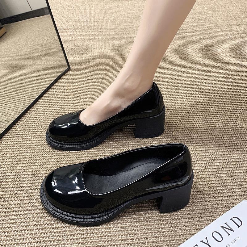 Size 35-43, Large Size Women's Shoes Round Head Soft Sole Non-slip Single Shoes Women's Thick Heel Mary Jane High Heels 41 Small Leather Shoes