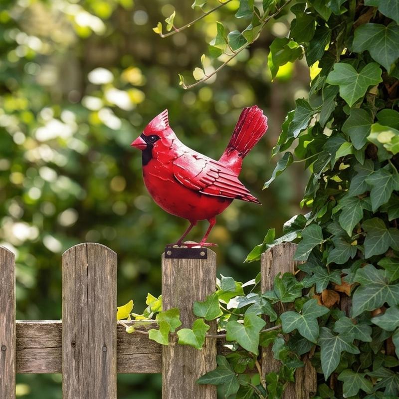 Outdoor Fence Bird Set Iron 5 Piece, Red Bird Figurines for Garden Railings, Flower Rows, Fence Lines and Yard Edges