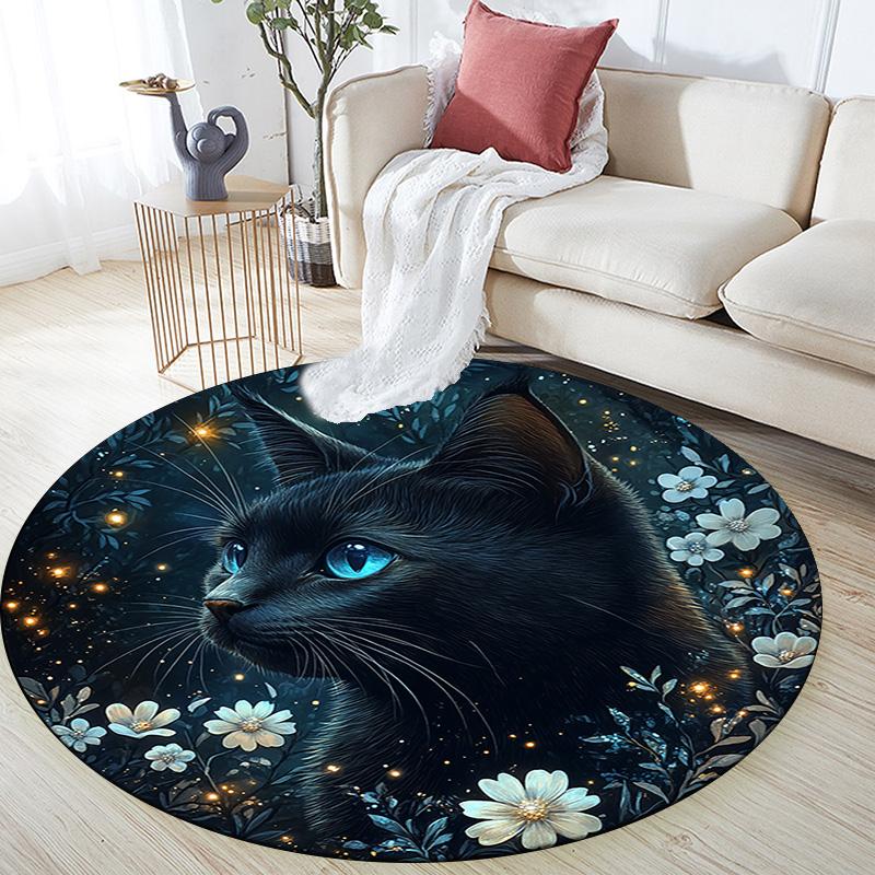 Magical Black Cat Round Area Rug,Carpet Rug for Living Room Bedroom Sofa Playroom Decor,Non-slip Floor Mat