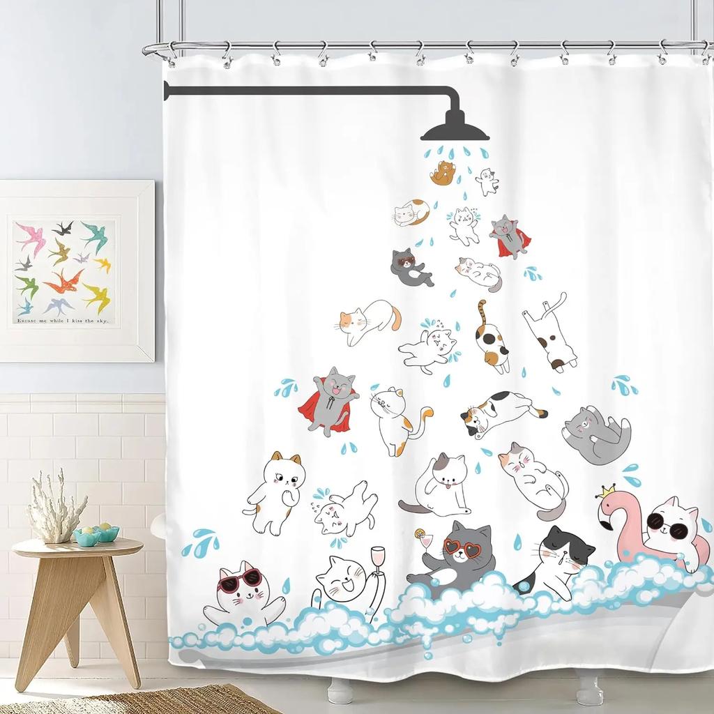 Cartoon Shower Curtain Pet Cat Dog Cute Rainbow Animal Cute Kid Boy Girl Skateboard Home Polyester Fabric Bathroom Decor Curtain