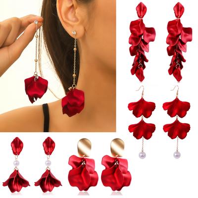 Exaggerated Red Rose Tassel Earrings Ankara Style 2026 Trendy Design Women's Everyday Fashion Ear Jewelry