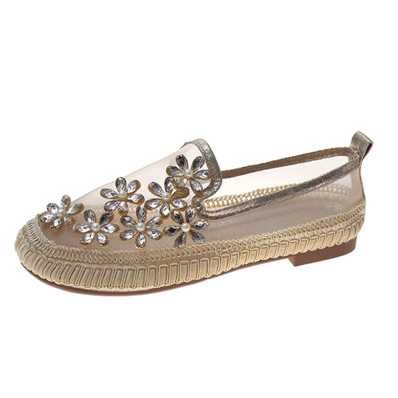 Maogu Casual Flat Shoes Woman Fashion Slip-on Ballet Flats 2024 Trend Mesh Crystal Loafers Women's Comfort Breathable Summer 40