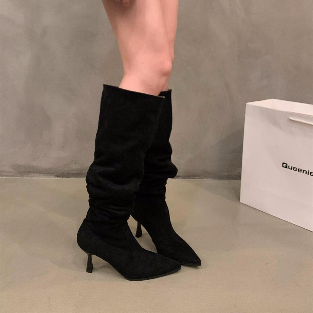 High-heeled khaki knee-piled boots women's shoes 2025 new autumn and winter pointed thin long tube knight boots