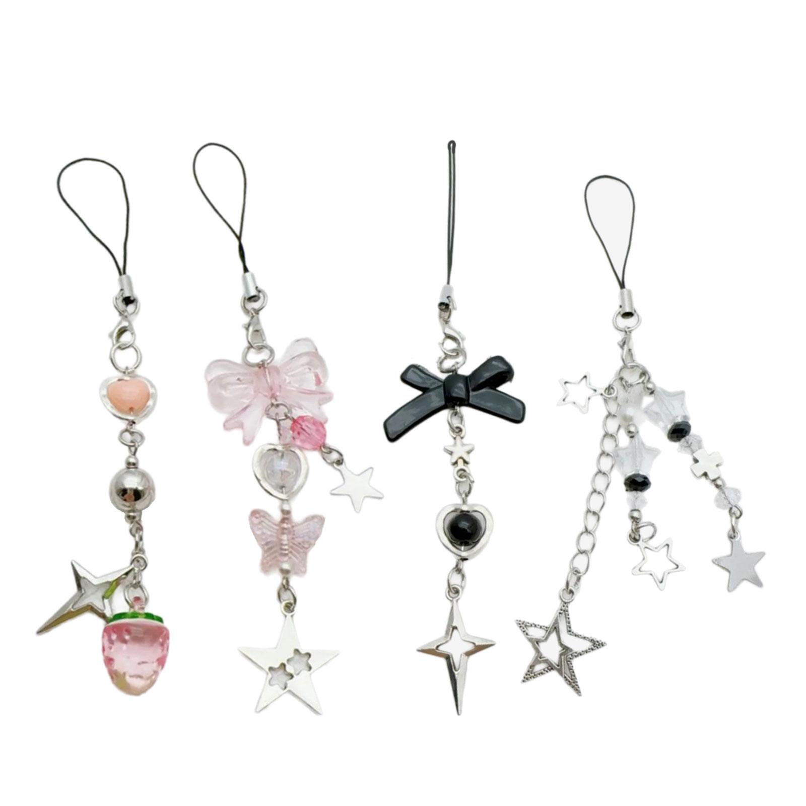 

4 шт., подвеска со звездой и бантом, подвеска для телефона, веревка, милый ремешок-цепочка для телефона, украшение для сумки, ремешок, брелок, аксессуар розовый