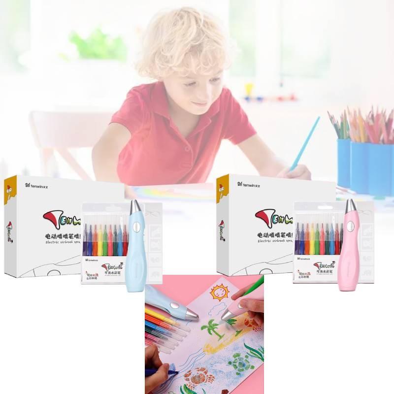 Paint Electric Spray Pen Airbrush Set Children 12 Felt Pens 19 Stencils Drawing