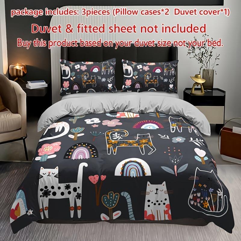 3pcs Cat & Floral Print Bedding Set - Includes 1 Duvet Cover and 2 Pillowcases, Breathable Polyester, Machine Washable - Perfect