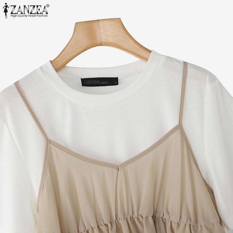 ZANZEA Women Casual Round Neck Summer Patchwork Short Sleeve T-shirt