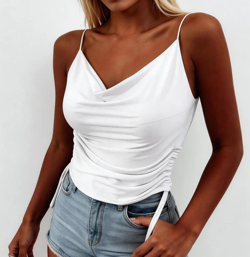 Popular European And American Summer Printing Sling Solid Color Dark V-Neck Sling Tight Drawstring Casual Small Vest