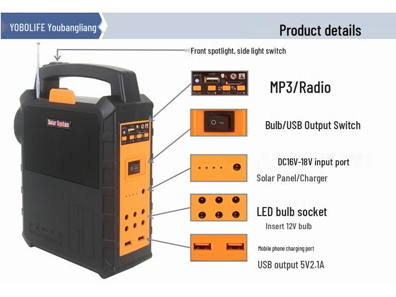 12V Solar Headlight with Phone Charging & Bluetooth MP3