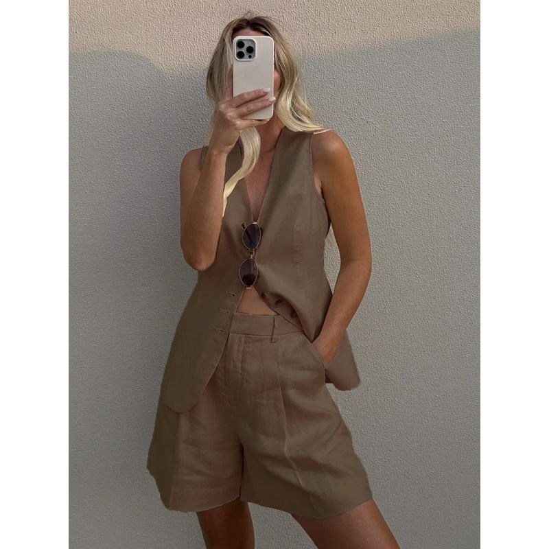 

Vest Shorts Set 2025 Summer Commuting Vest + Shorts Set Leisure Set Women Casual Suit Brown M