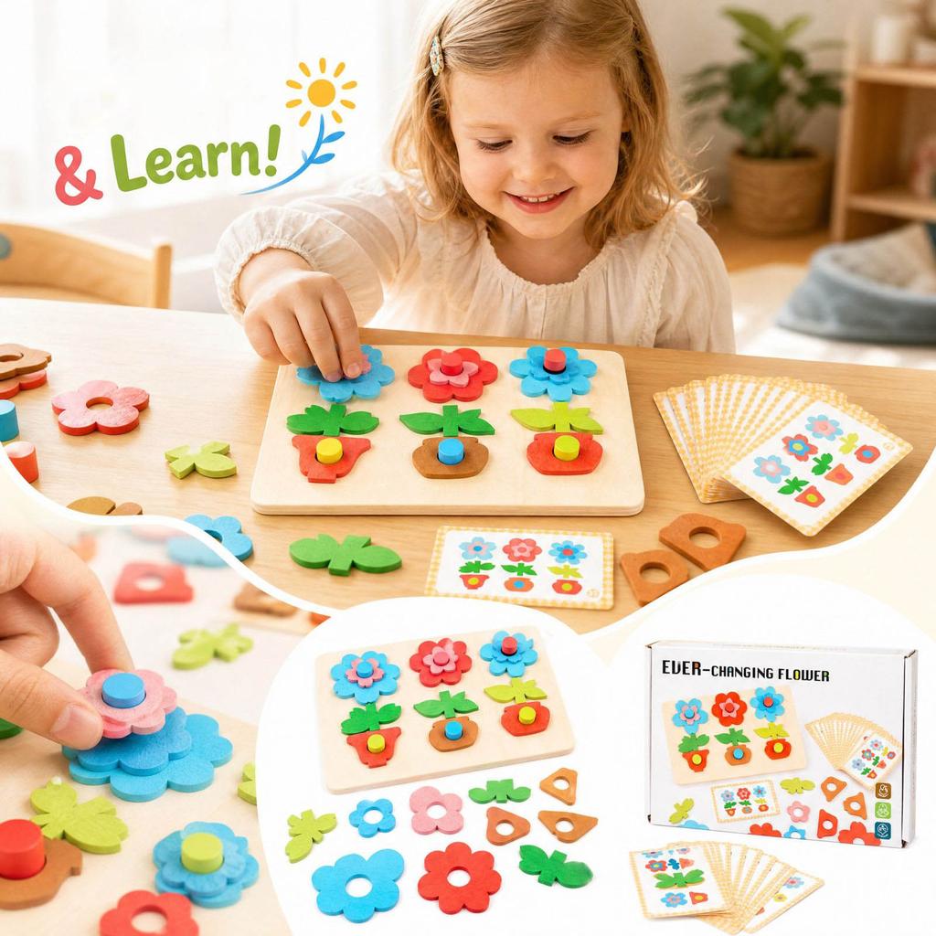 Wooden Flower Matching Puzzle Board for Toddlers, Color and Thinking Skills Early Learning Toy