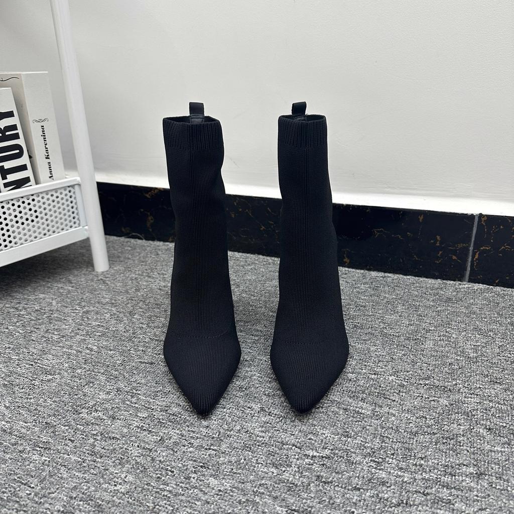 Pointed lightweight thick heel breathable knitted skinny celebrity elastic boots fashion short boots elegant