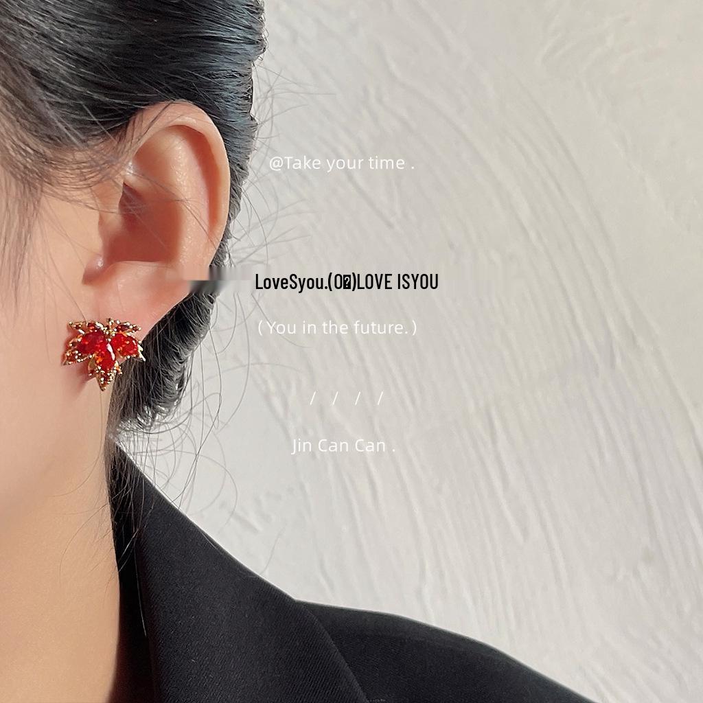 Maple Leaf Micro-Paved Zircon Red Stud Earrings for Women, 925 Silver with 14K Plating