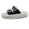 Internet celebrities popular rhinestone square buckle lamb fur fur integrated flat bottom cotton drag open toe casual warm fluffy slippers women