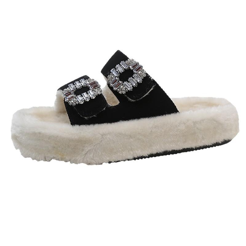 Internet celebrities popular rhinestone square buckle lamb fur fur integrated flat bottom cotton drag open toe casual warm fluffy slippers women