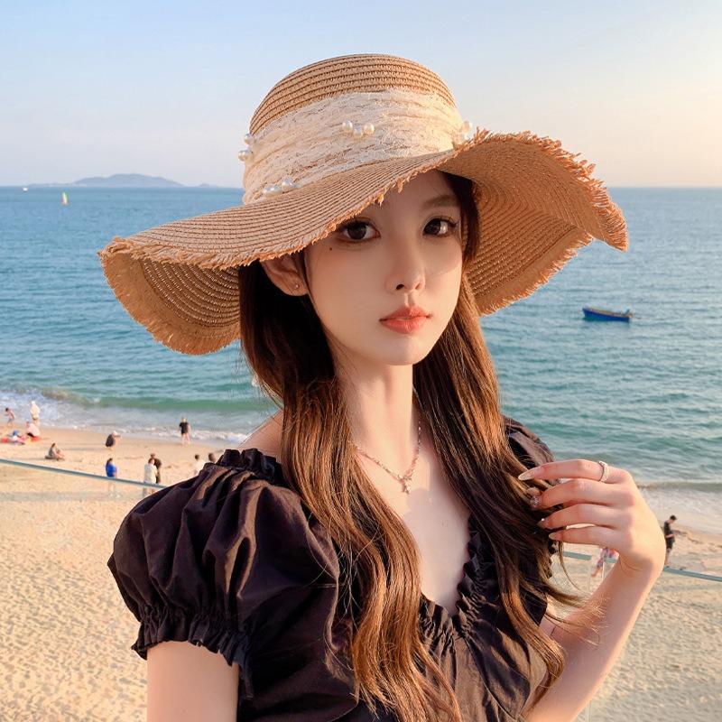 Flat Top Straw Hat Strapped Women's Summer Visor, Satin Versatile Straw Fashion Top Hat, Seaside Beach Hat