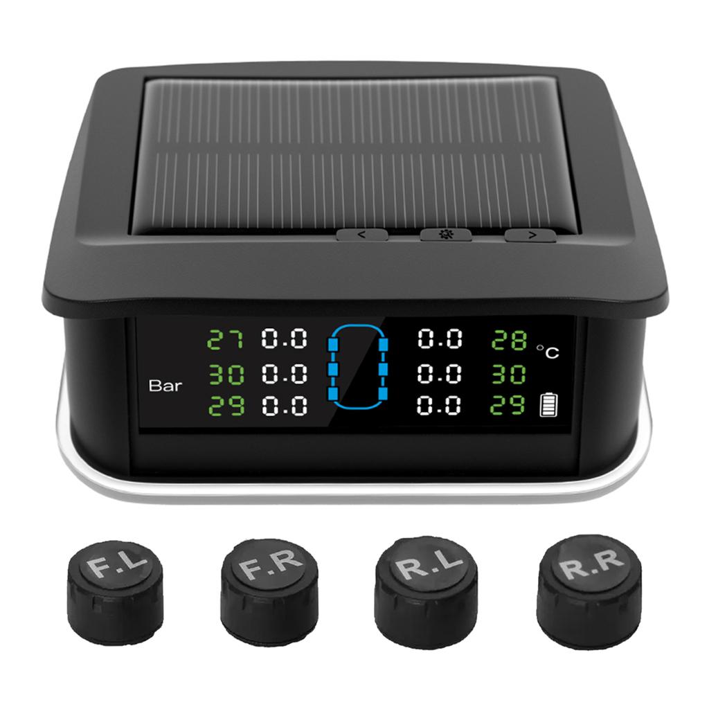 Tire Pressure Monitoring System, Solar Tire Pressure Monitor with 4 External Sensors, Ambient Light, Real Time Display