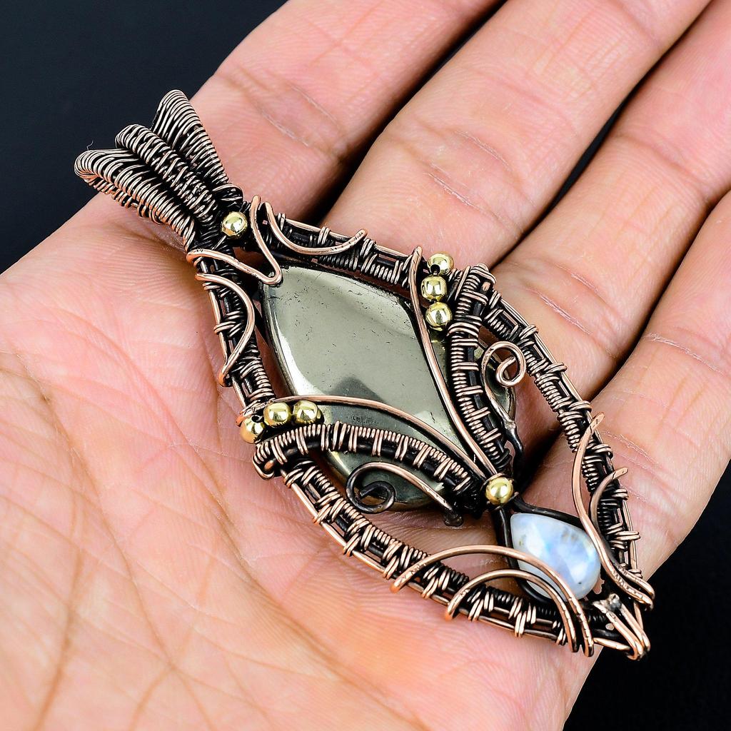 Pyrite & Moonstone Pendant, 999 Copper Wire Wrapped Gemstone Jewelry, Handmade Tree Of Life Pendant, For Thanksgiving