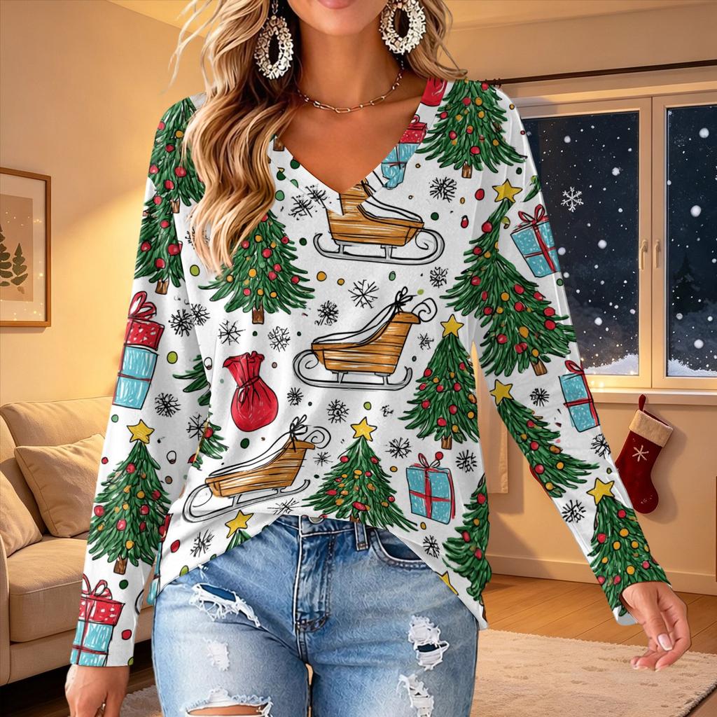 Women's V-Neck Long Sleeve Christmas Print Lightweight Blouse for Spring Summer