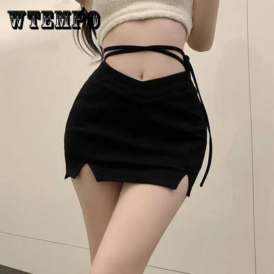 Schwarzer Rock für Damen, Sommer-Harajuku-Röcke, Mädchen-Chic, schmaler Schnür-Minirock, geteilt, kurze Y2K-Röcke, Streetwear