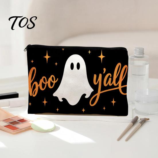 Durable Data Cable Organizer Cosmetic Bag, Halloween Pattern Print Makeup Canvas Student Stationery Pencil Pouch Zipper Pouch, for Change Storage Cute
