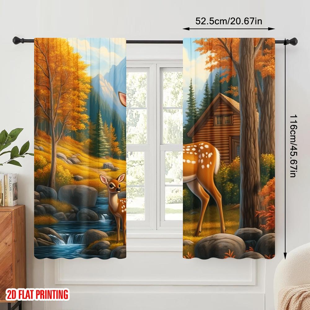 2 Stück, 2D-Flachdruck Druckvorhänge Reh Kitz Hütte Wald Herbst Vielseitiger Polyesterstoff (ohne Stange) Außendekorationen