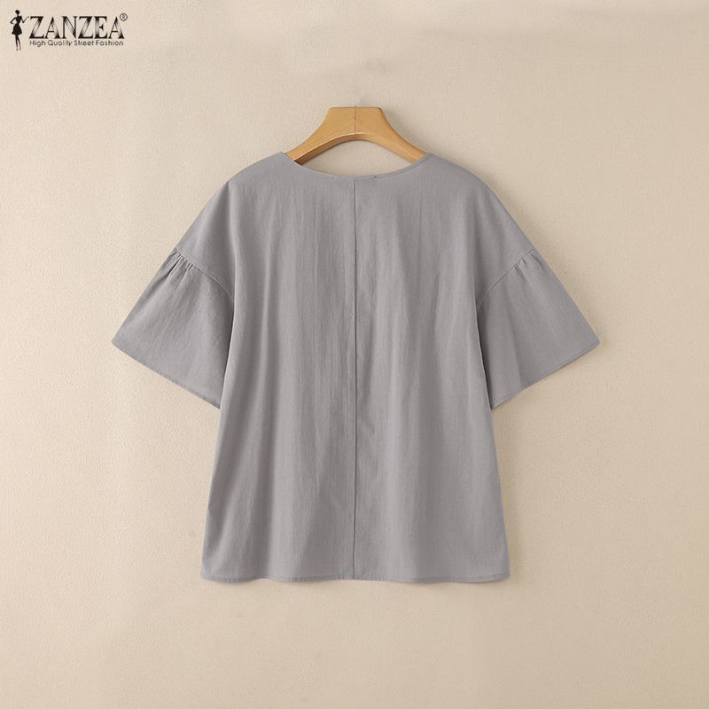ZANZEA Damen Freizeit Rundhals Einfarbig Kurzarm Bluse