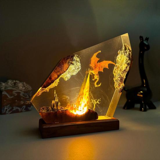 Epoxy Resin Dragon Lamp Handmade Flame Dragon Night Light for Bedside Living Room Collectible Gifts for Son Husband Boyfriend Fantasy Enthusiasts