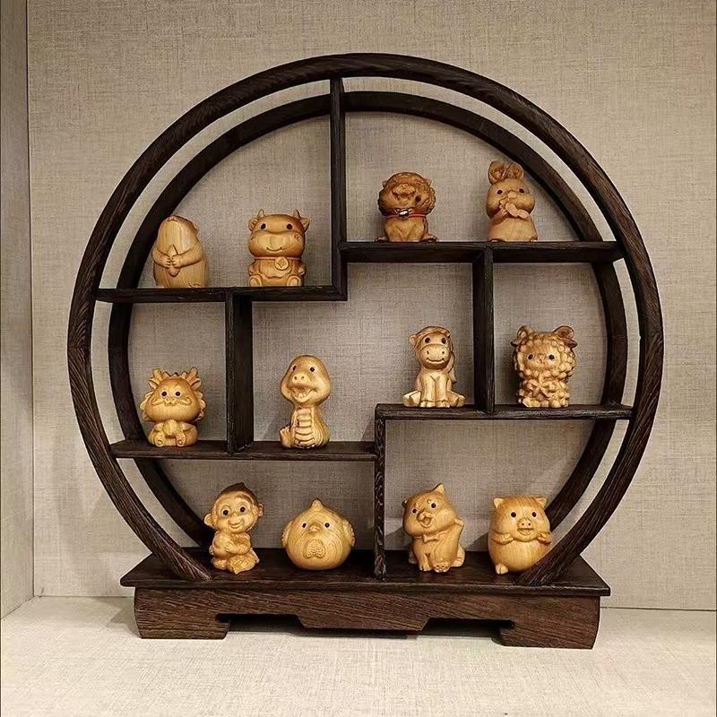 Wooden the Twelve Chinese Zodiac Signs Animal Sculptures Figurines  Cute Home Room Office Decorative Small Model Suit