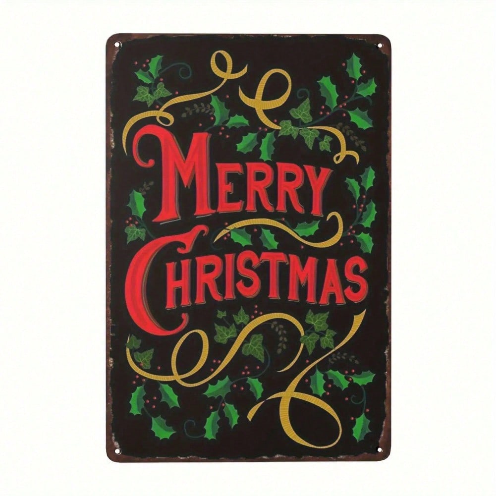Vintage Christmas Metal Tin Sign Wall Art Country Style Holly Berry Pattern Holiday Home Decor