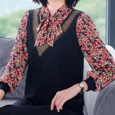 Bedrucktes Oberteil für Damen, langärmelig, für Frühling und Herbst, T-Shirt mit V-Ausschnitt, Chiffon-Hemd, lockeres Hemd