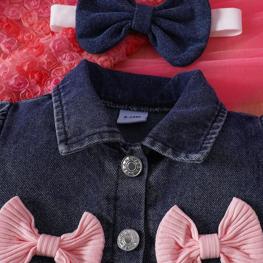 بدلة فستان طفلة حلوة صيفية طفلة 6 أشهر - 3 سنوات بدلة جاكيت جينز قصير + تنورة توتو شبكية بحمالة عنق