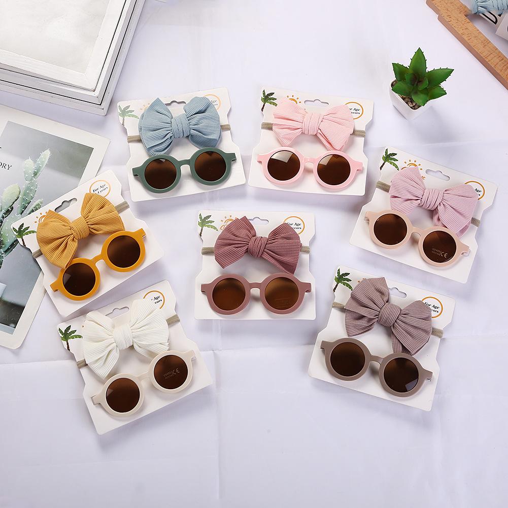 

Summer Kids Sunglasses & Cartoon Baby Sun Glasses with Ribbed Cotton Bow Headband Set
