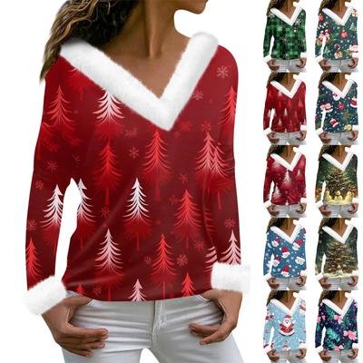 Women's T Shirt Tee Print Shirt Long Sleeve Party Fleece Collar V Neck Pullover T-shirt Top