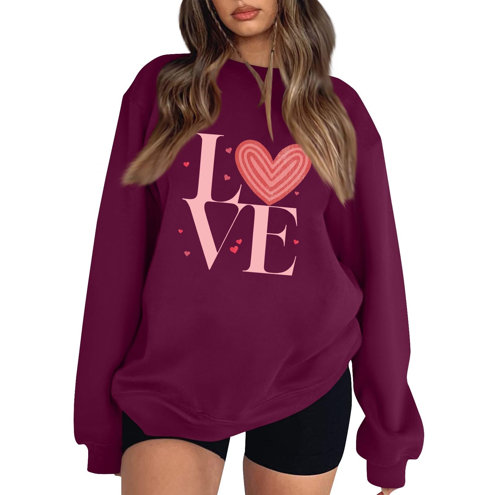 

Женская повседневная мода ко Дню святого Валентина с принтом, длинным рукавом, круглым вырезом, толстовки, пуловеры, топы XXXL винный