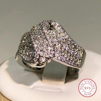 Sterling Copper Geometric Zircon Ring Full Diamond Inlaid Stone Big Ring Men and Women Party Birthday Jewelry Gift
