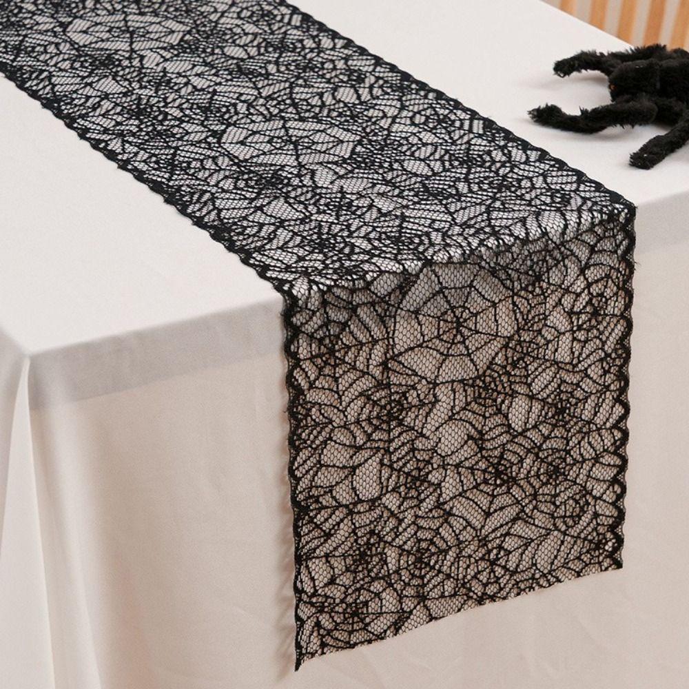 Black Color Black Lace Table Runner Long Length Spider Web Table Runner  Table Decor