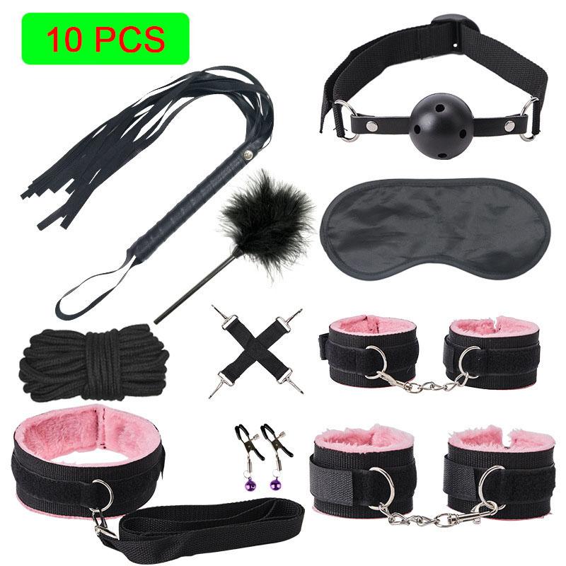 Sexy Nylon BDSM Kits Plush Sex Bondage Set Handcuffs Sex Games Whip Gag Nipple Clamps Sex Toys For Couples Exotic