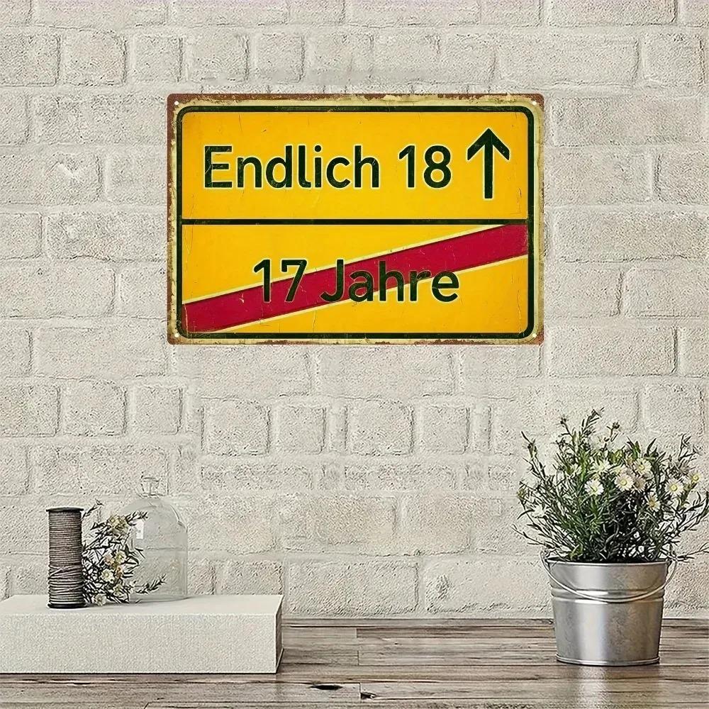 Vintage Metal Wall Art 20x3in 2D Flat Yellow Green Arrow German Text 18th Birthday Gift Rustic Home Decor Distressed Finish