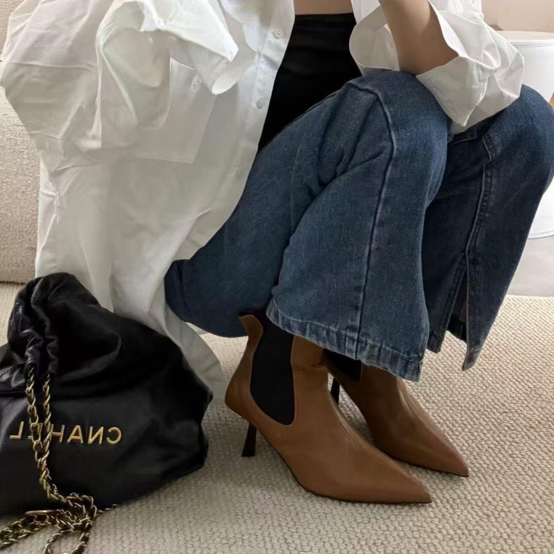 

European station women s shoes 25 autumn and winter fashion retro tire cowhide Pailaikab pointed sleeve comfortable low heel leather short boots 39 коричневий