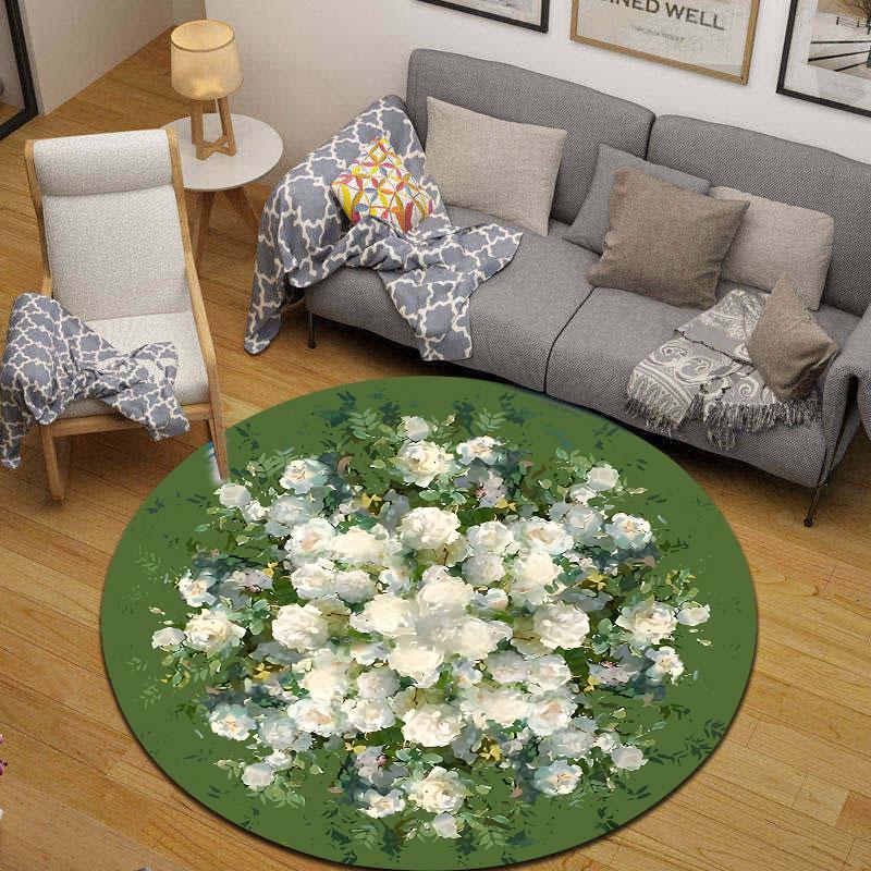 Statement Round Roses Green Floor Rug, Non-Slip Floor Mat for Hallway