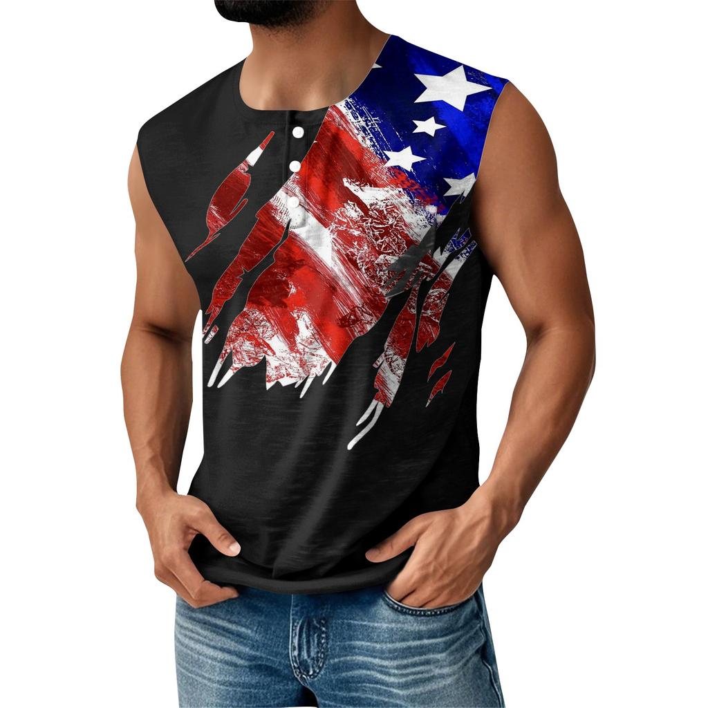 Men's Summer Independence Day Printed Sports Button Pocket Sleeveless Tank Top
