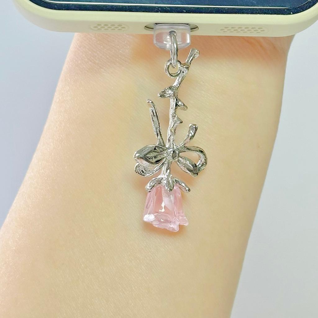 1 Pink Flower Charm Mobile Phone Dust Plug, Cute Floral Hanging Accessory, Christmas Thanksgiving New Year Gift