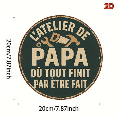 Aluminiumschild "Papier Werkstatt". Runde Vintage-Plakette für die Garage, die Männerhöhle oder den Vatertag.