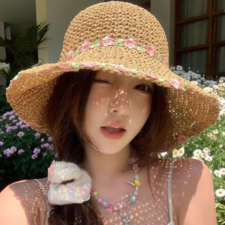 Lace Big Brim Straw Hat Women's Summer Seaside Beach Shade Sunscreen Hat Straw Cover Full Face UV Protection Hat