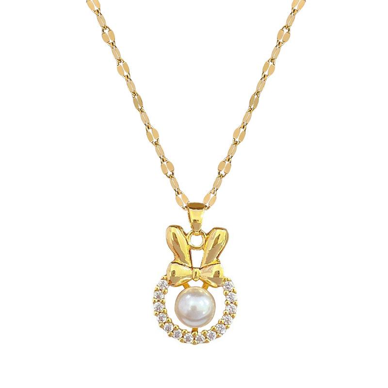 Titanium Steel Light Luxury Temperament Gorgeous Pearl Bow Necklace Women'S Versatile Collarbone Chain Titanium Steel Chain