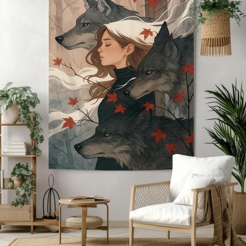 Tapestry of the mystical wolf and woman 75x100