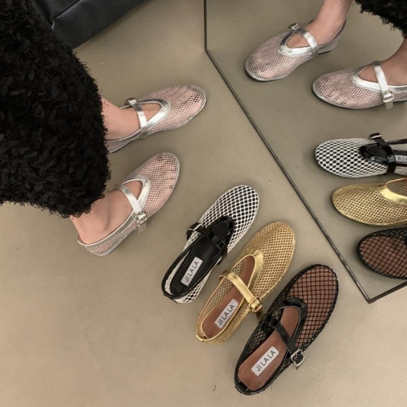 Fishnet Shoes Ballet Shoes Women's 2025 New Mesh One-word Buckle Outer Wear Flat Bottom Hollow Retro Mary Jane Single Shoes